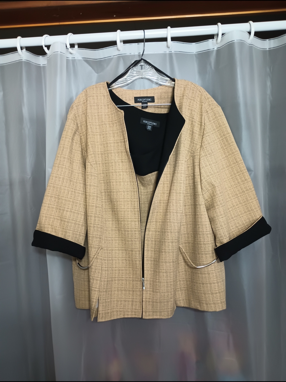 Premise Tan Open-Front Textured Jacket with Black Trim